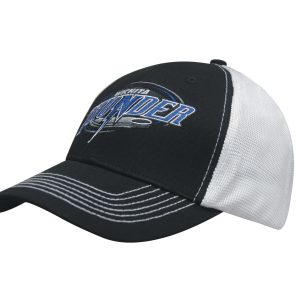 A black and white cap featuring a mesh back and a logo on the front.