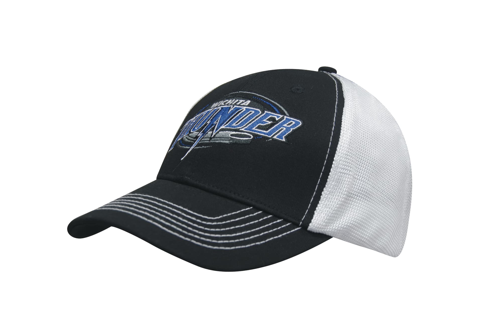 A black and white cap featuring a mesh back and a logo on the front.