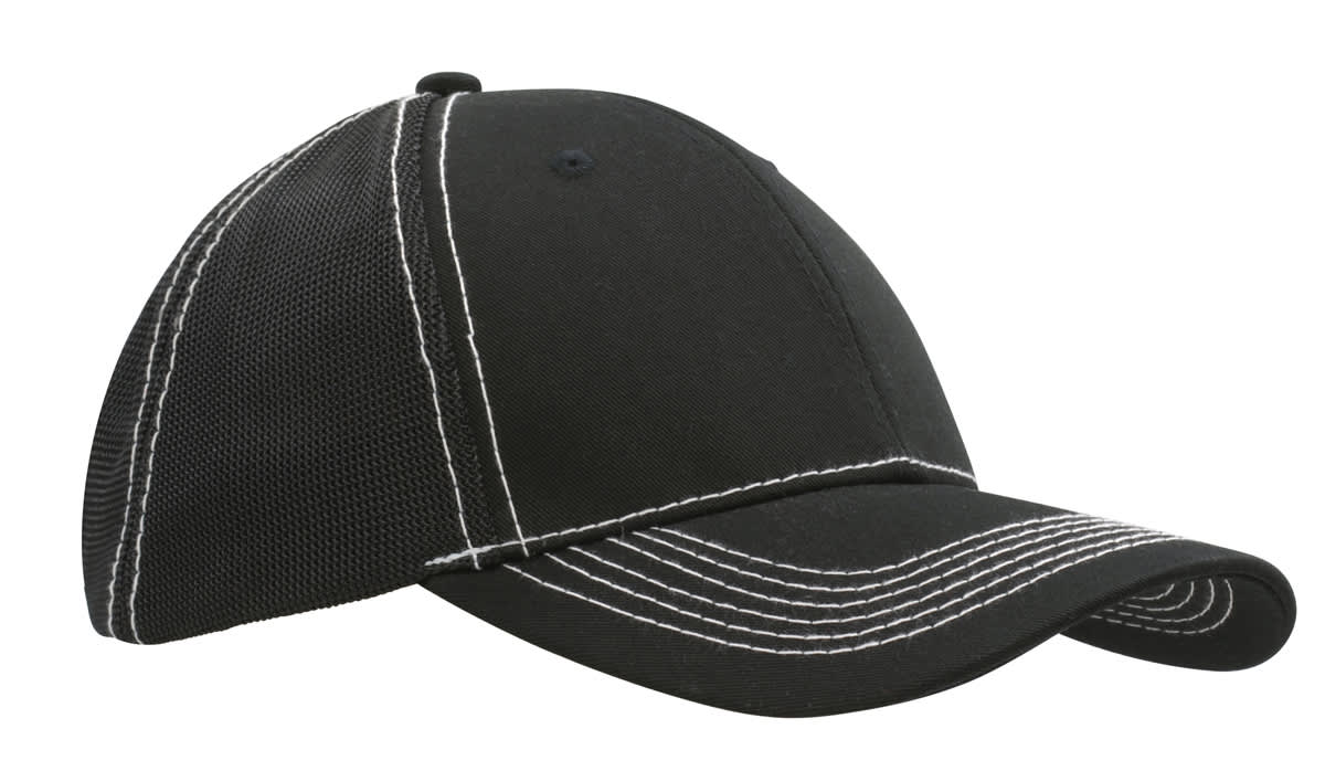 A black cap featuring a hi-tech mesh back and contrasting white stitching. It has a logo on the front.