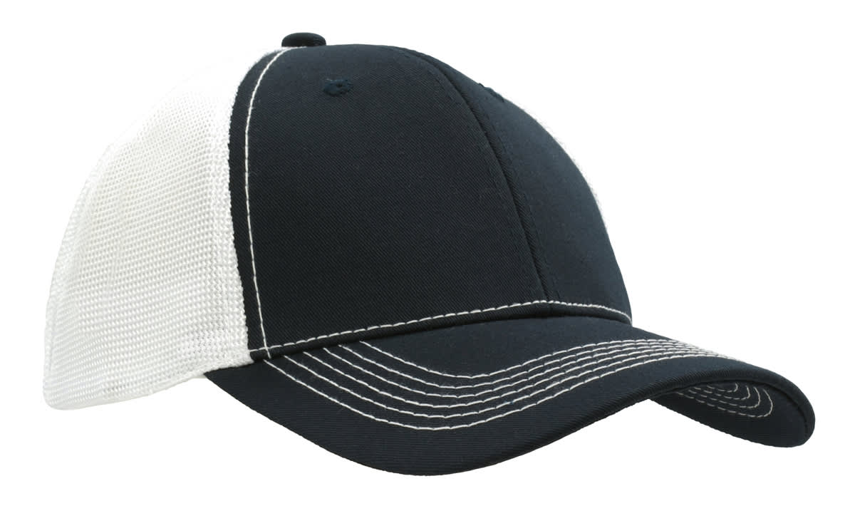 A navy blue cap with a hi-tech mesh back and contrasting white panels, featuring a logo.