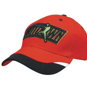 A red cap with a black peak, featuring an embroidered logo and a printed trim.