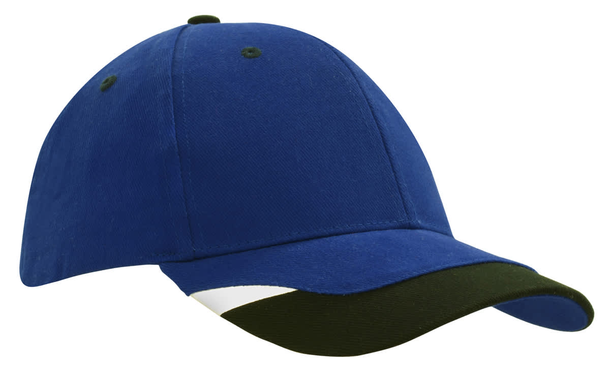 A red cap with a green peak insert and printed trim, featuring a logo on the side.