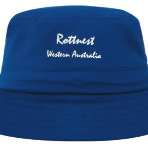 A blue bucket hat with a branded logo and embroidered text. It features a wide brim for sun protection.