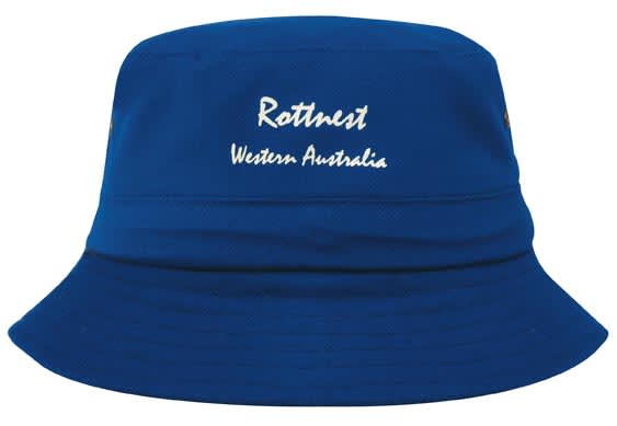 A blue bucket hat with a branded logo and embroidered text. It features a wide brim for sun protection.
