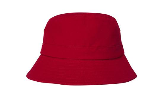 A red brushed sports twill child's bucket hat with a wide brim and a simple design.