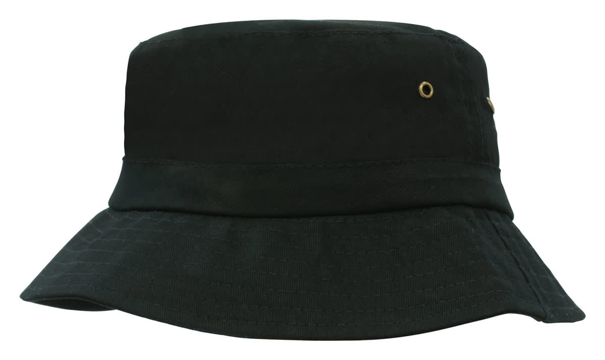 A black bucket hat with a wide brim and eyelets for ventilation, featuring subtle stitching details.
