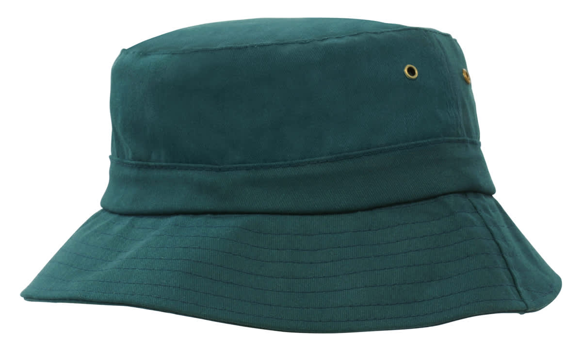 A green brushed sports twill youth bucket hat featuring a wide brim and metal ventilation eyelets.
