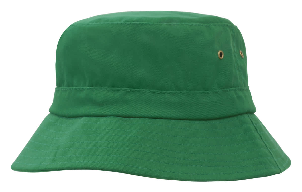 A green bucket hat with a wide brim and eyelet ventilation, featuring a logo on the side.