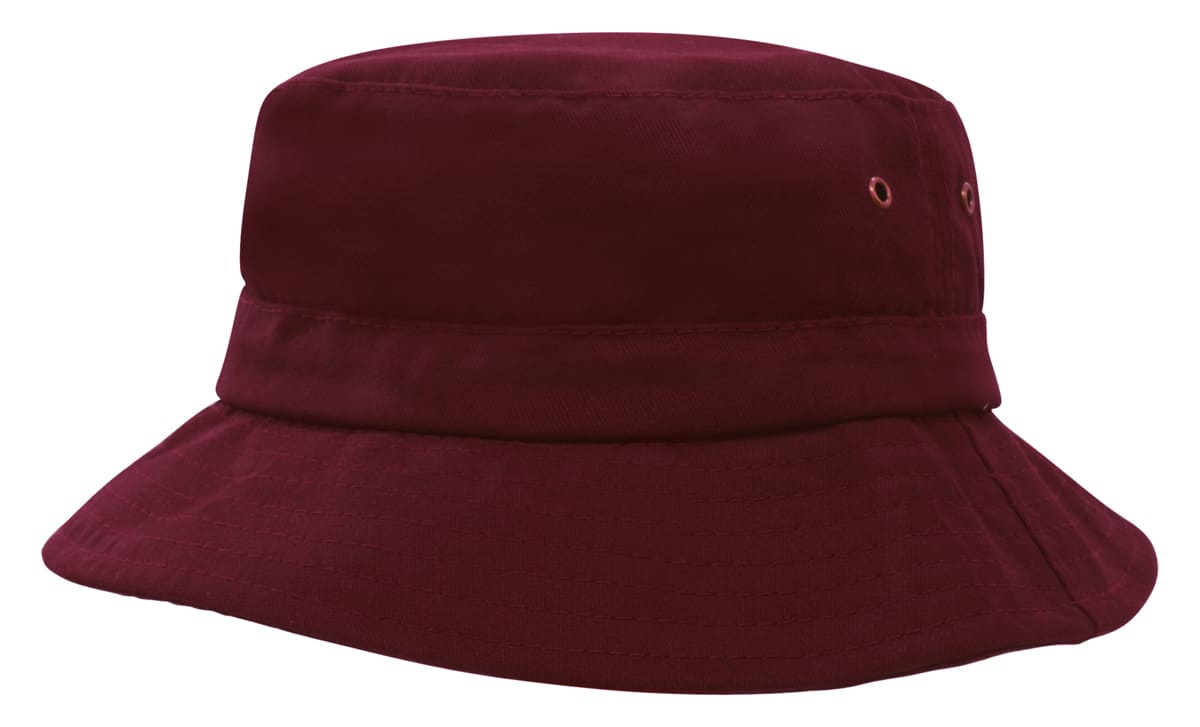 A maroon youth bucket hat with a wide brim and ventilation eyelets, featuring a logo.