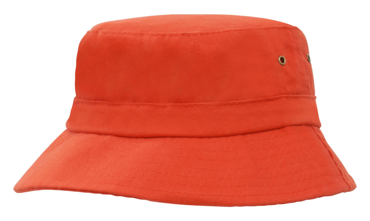 An orange brushed sports twill youth bucket hat with a wide brim and metal eyelets for ventilation.