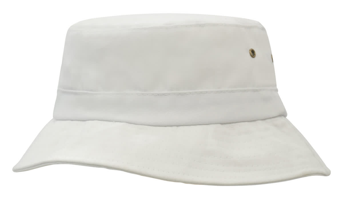 A white bucket hat with a wide brim and side ventilation holes, featuring a logo on the side.