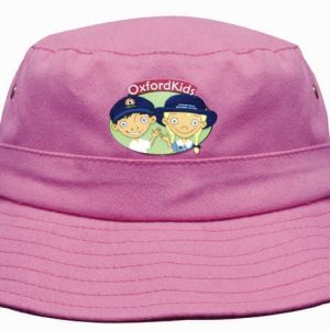 A pink infants bucket hat featuring a logo and playful graphics, designed for sun protection.