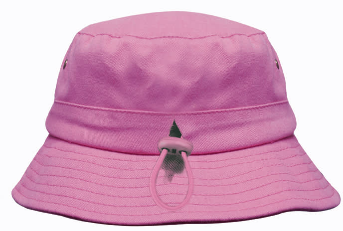 A pink brushed sports twill bucket hat featuring a branding logo and metal eyelets for ventilation.