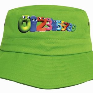 A bright green youth bucket hat featuring a colourful numeral design and an attached logo.