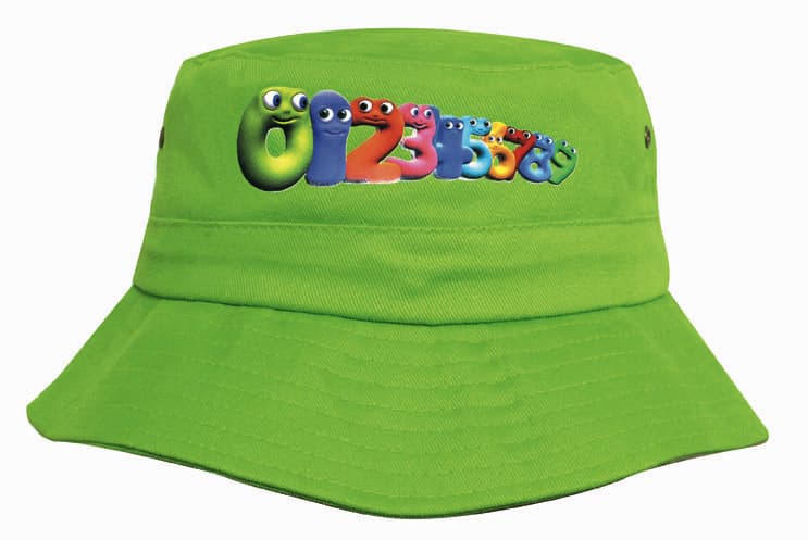 A bright green youth bucket hat featuring a colourful numeral design and an attached logo.