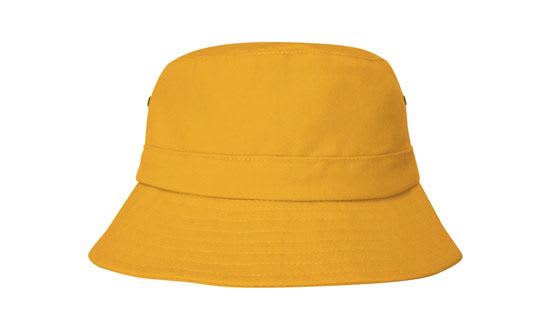 A yellow bucket hat with a wide brim and a simple, classic design. It has a logo on one side.