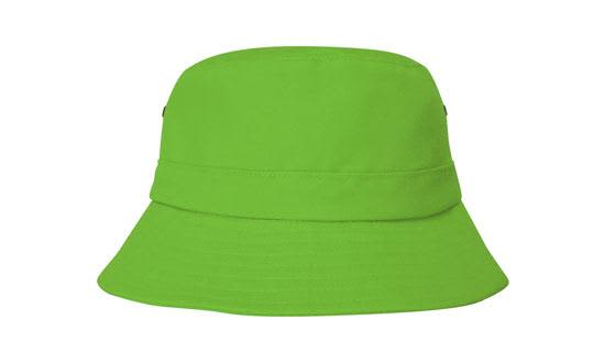 A bright green youth bucket hat with a wide brim and a logo on the side.