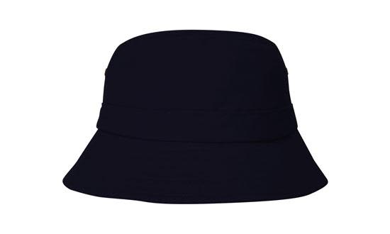A black bucket hat with a wide brim and a simple design. Features a logo.