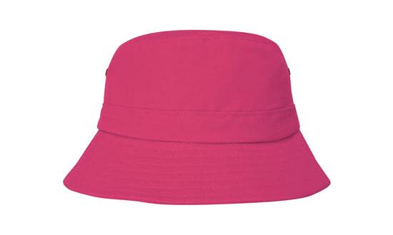 A pink bucket hat with a wide brim and a simple design, featuring a branding logo.