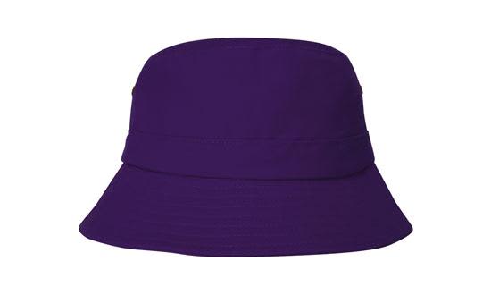 A purple brushed sports twill youth bucket hat featuring a wide brim and a simple design.