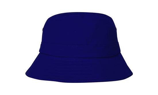 A blue bucket hat featuring a wide brim and a simple design, with a logo on the side.