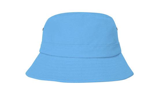 A light blue bucket hat with a wide brim and an attached logo. Suitable for youth wear.