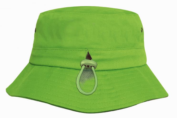 A bright green bucket hat featuring a drawstring and a logo. Ideal for outdoor activities and protection from the sun.