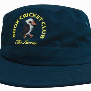 A navy blue microfiber adjustable bucket hat featuring a logo with a bird design.