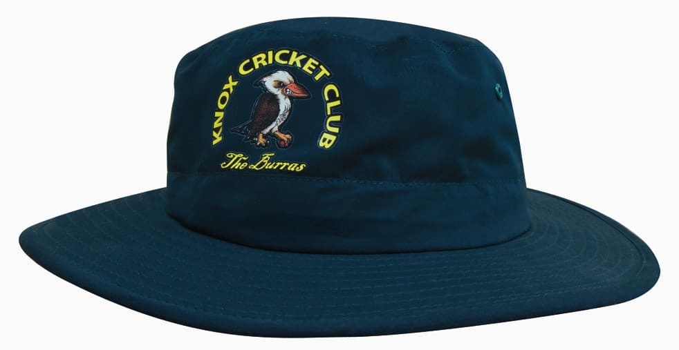 A navy blue microfiber adjustable bucket hat featuring a logo with a bird design.