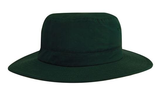 A green microfibre adjustable bucket hat with a wide brim and a logo on the side.