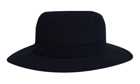 A black microfibre adjustable bucket hat with a wide brim and a logo.