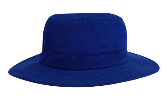 A blue microfibre adjustable bucket hat with a wide brim and a logo.