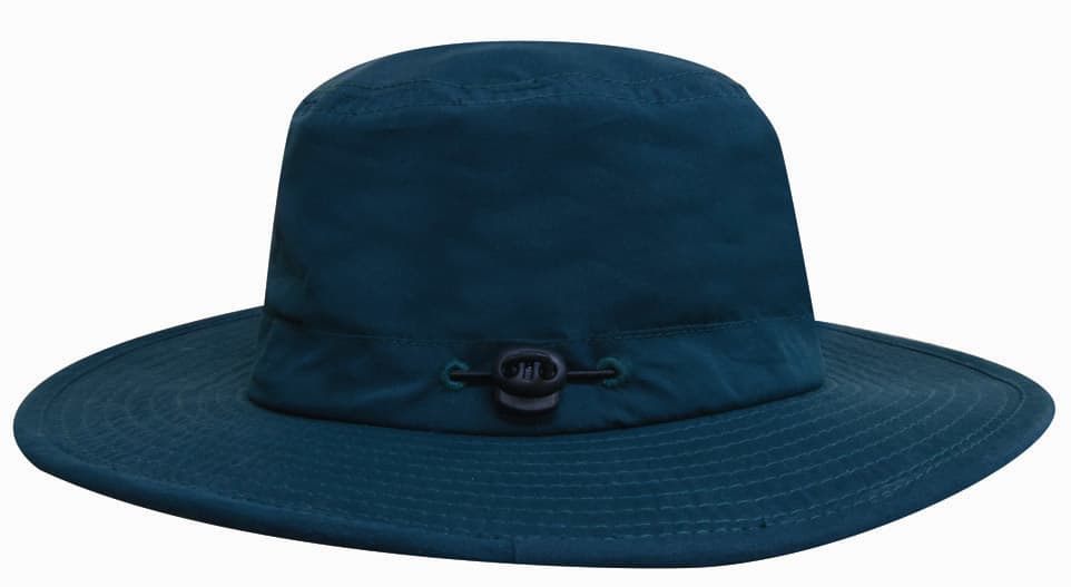 A dark blue microfibre adjustable bucket hat with a wide brim and a toggle for fit adjustment.