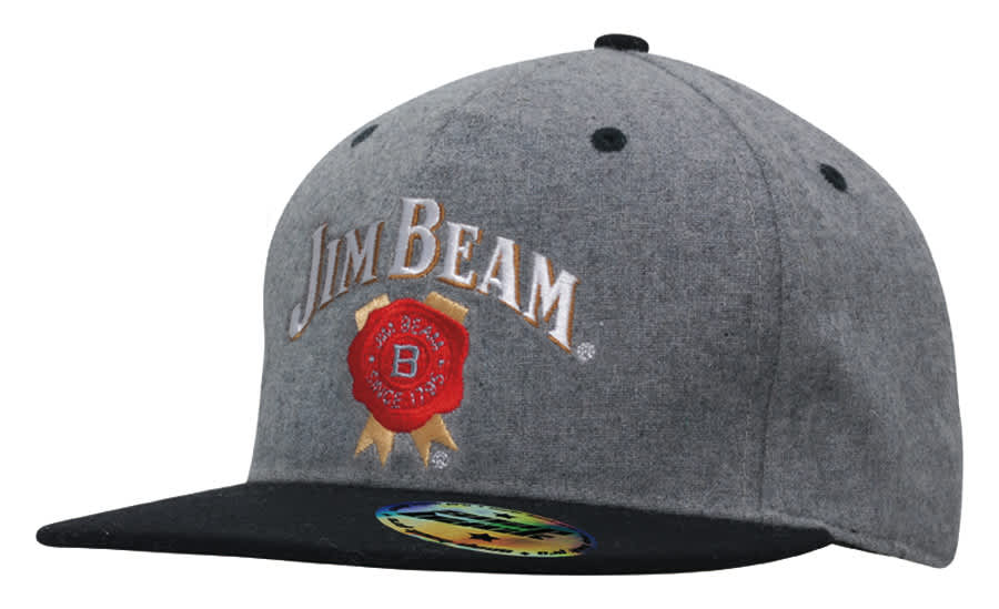 A grey marle flannel cap with a black peak and a logo. Features snapback styling for adjustable fit.