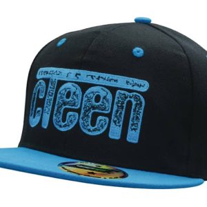 A black cap with a blue brim and blue detailing, featuring a logo on the front.