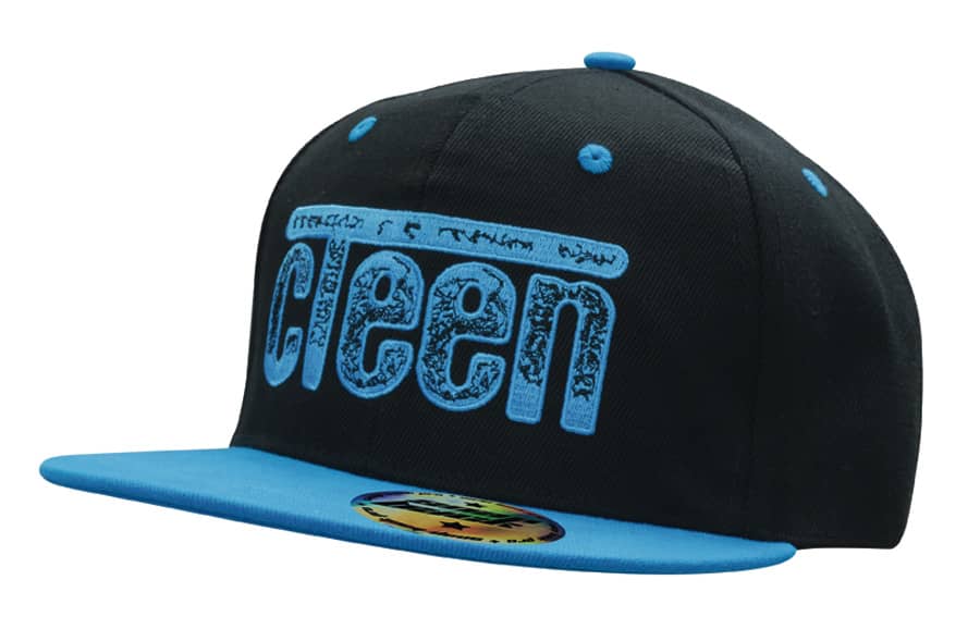 A black cap with a blue brim and blue detailing, featuring a logo on the front.