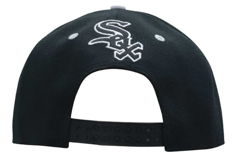 A black cap with a snapback style, featuring an embroidered logo on the back.