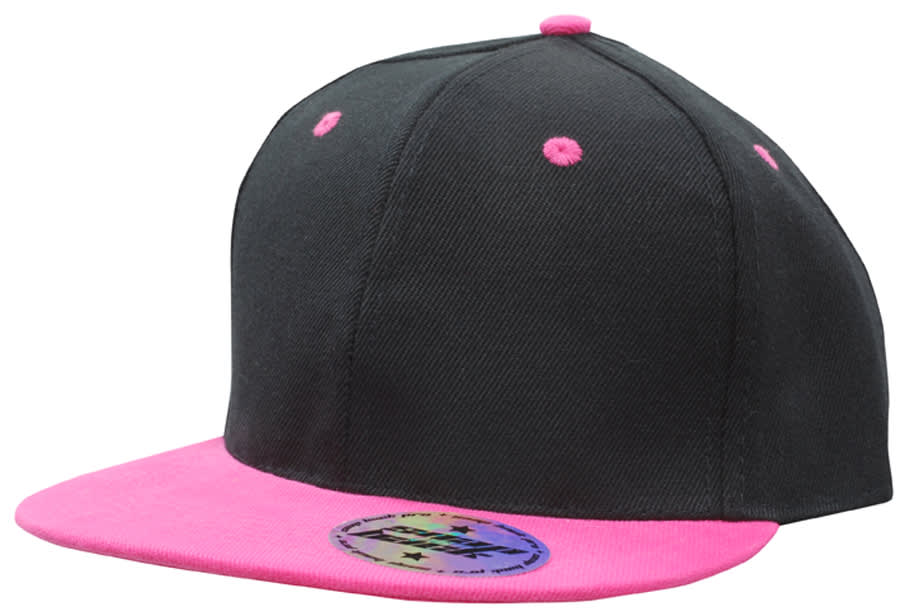 A black cap with a pink brim, featuring a logo on the front and pink detailing on the top.