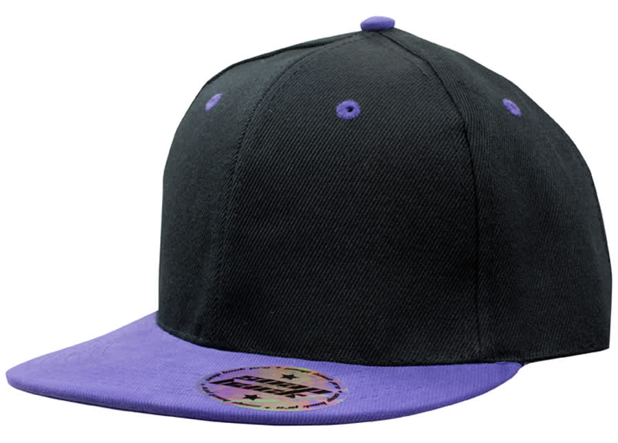 A black and purple snapback cap with a flat brim and a branded patch on the front.