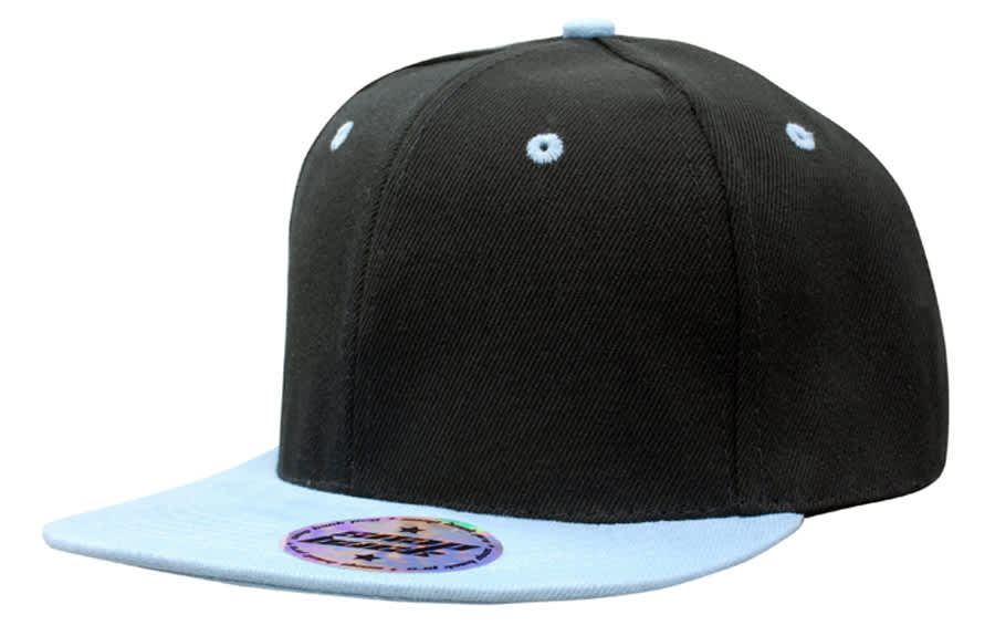 A black cap with a light blue brim, featuring a logo and a structured snapback design.