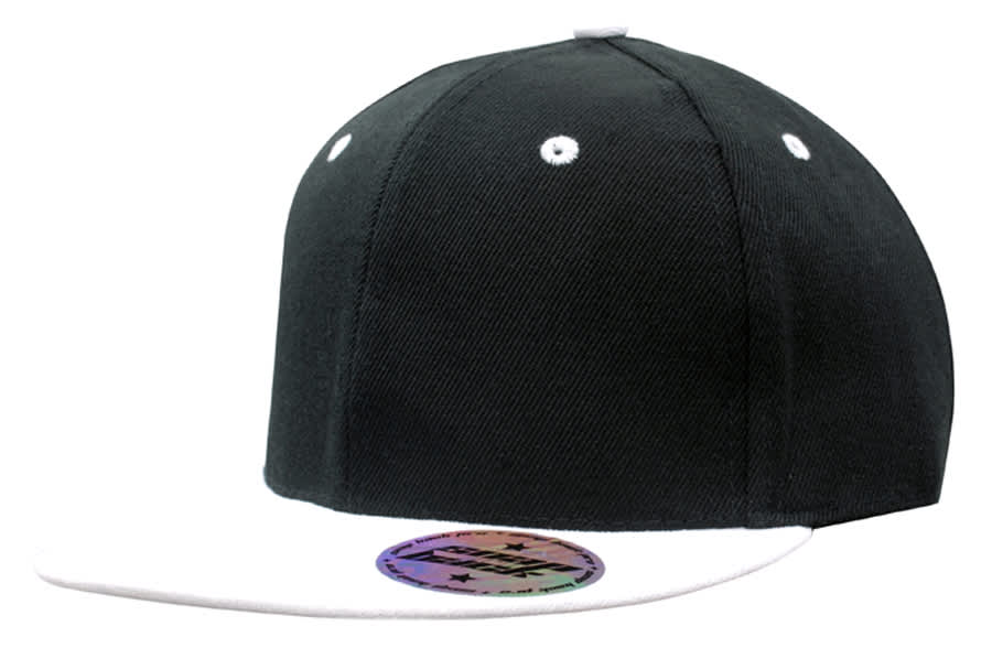 A black cap with a white peak, featuring a logo on the front and ventilation holes on top.