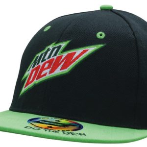 A black cap with a green bill, featuring a logo and a vibrant green accent on the crown.