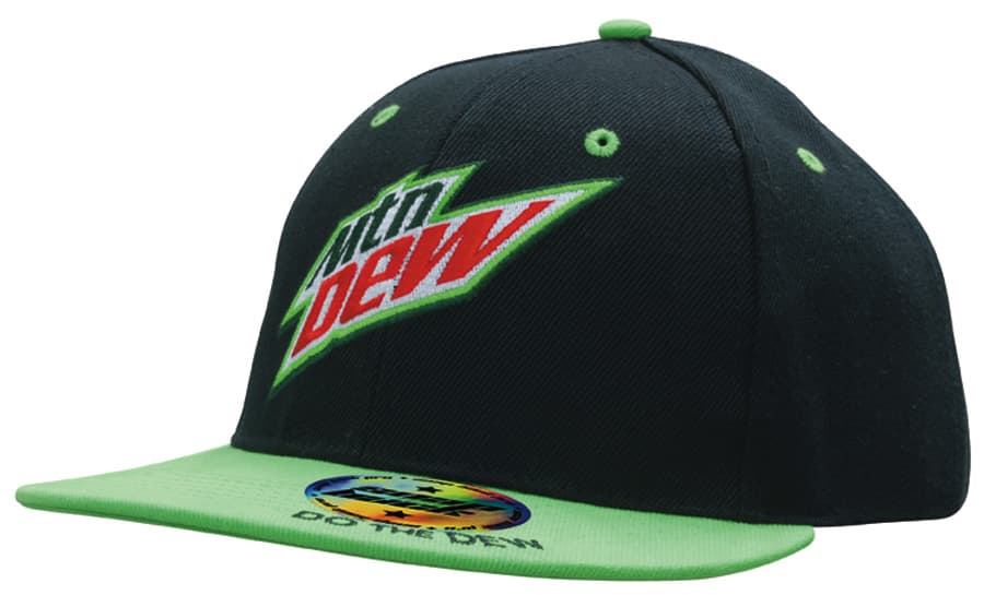 A black cap with a green bill, featuring a logo and a vibrant green accent on the crown.