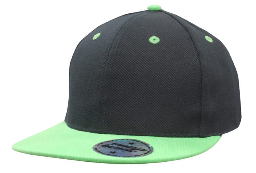 A cap featuring a dark grey body and a bright green visor, with a logo on the front.
