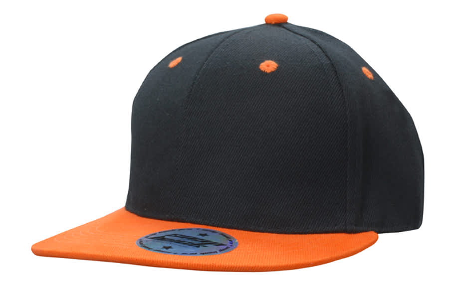 A black cap with an orange visor and button, featuring a logo on the brim.