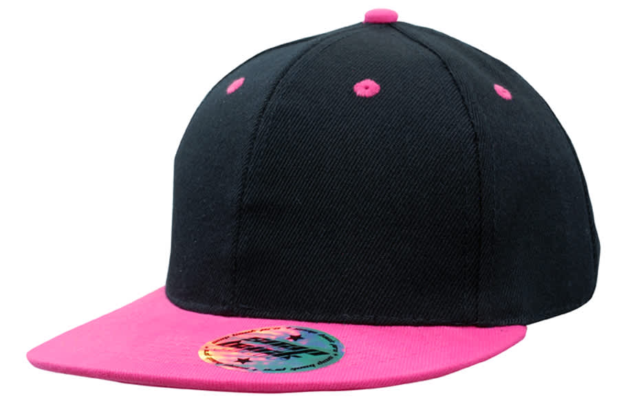 A black cap with a pink brim and top button, featuring a logo on the front.