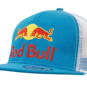 A blue cap with a mesh back featuring a logo and bold red text.
