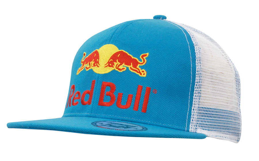A blue cap with a mesh back featuring a logo and bold red text.