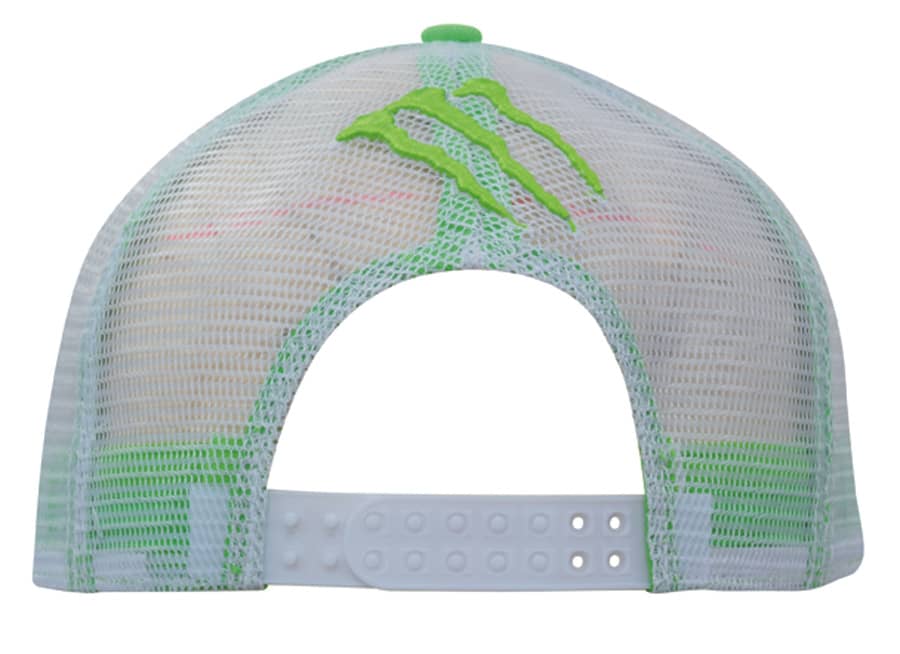A green and white cap with a mesh back and a logo, featuring snapback pro styling.