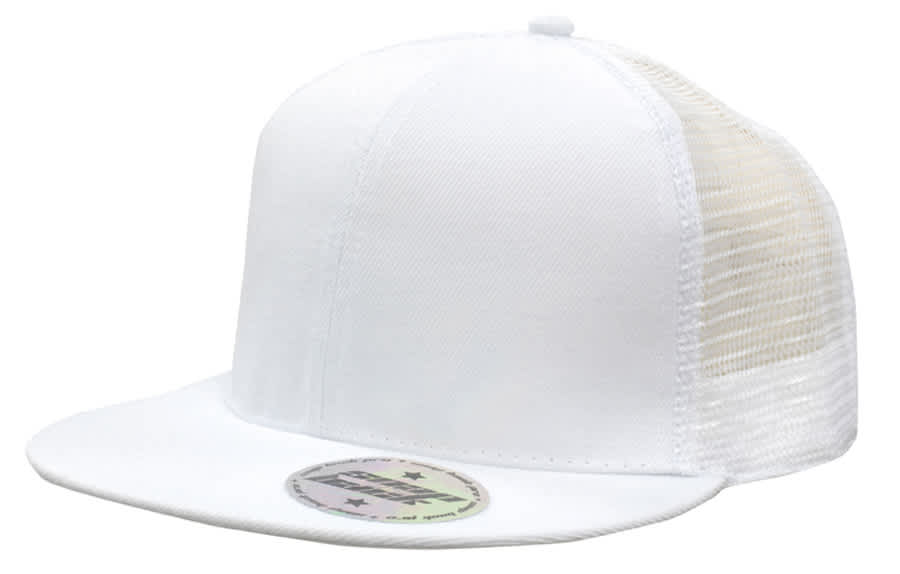 A white cap with a solid front and mesh side panels, featuring a circular logo on the brim.